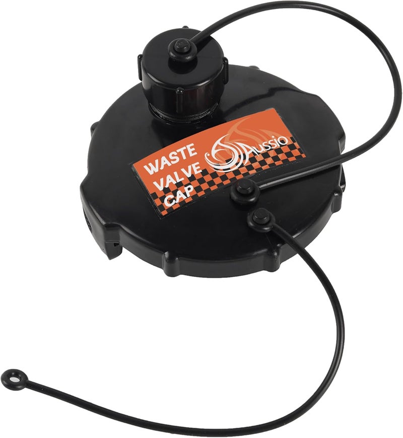 Aussio (1-Pack, Black T1020-1 Waste Valve Cap with Bayonet Hook 3" with Capped 3/4" GHT RV Sewer Cap - Image 1